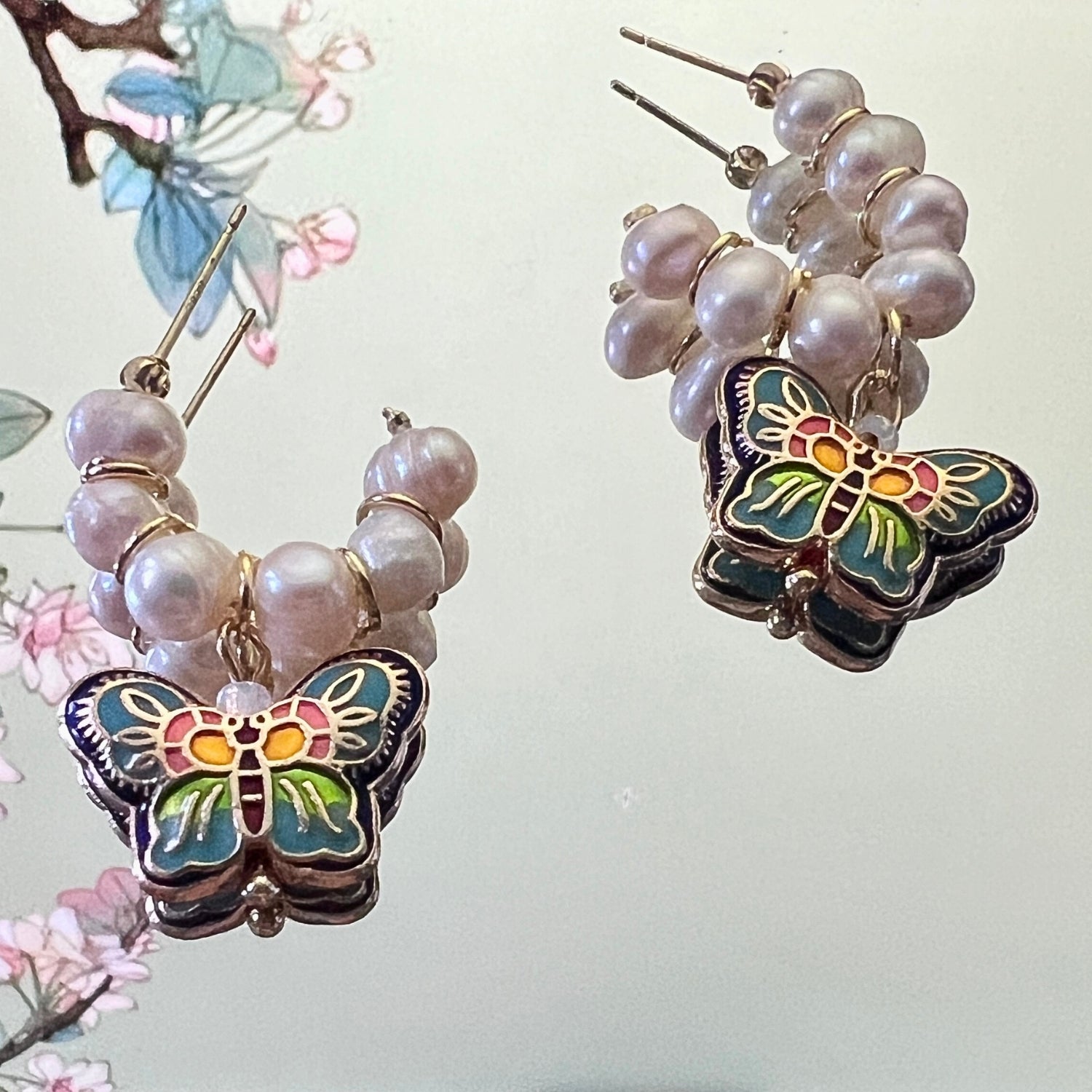 Pearl Cloisonné Butterfly Earrings