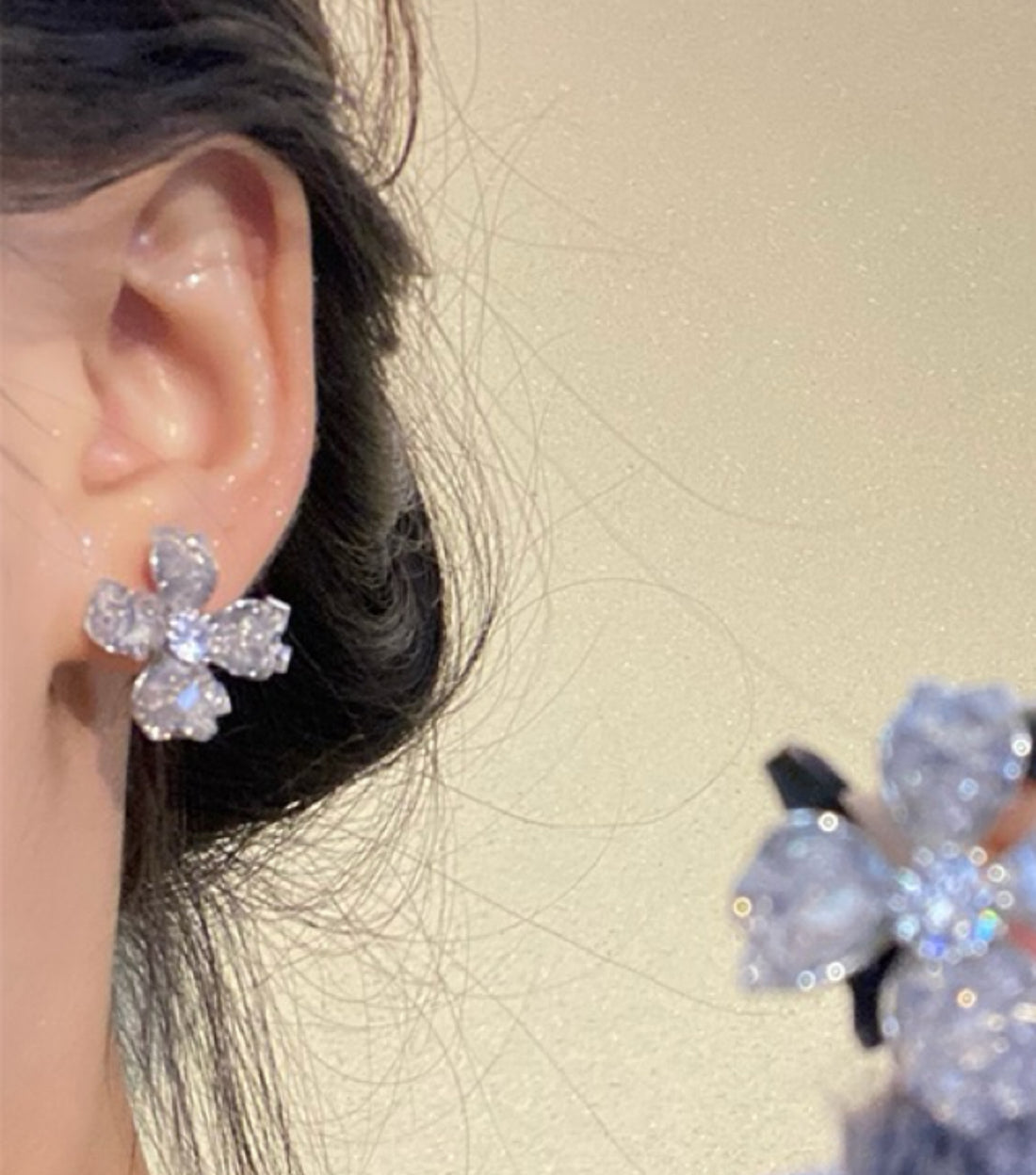 Irregular Grey Crystal Floral Stud