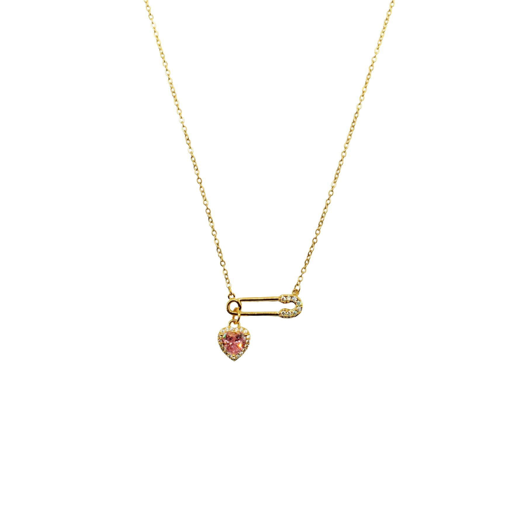 Gold Pin Pink Heart Necklace