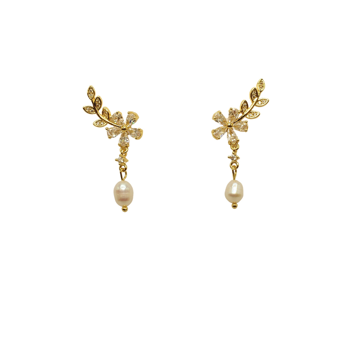 Gold Leaf Zirconia Pearl Pendant Earrings