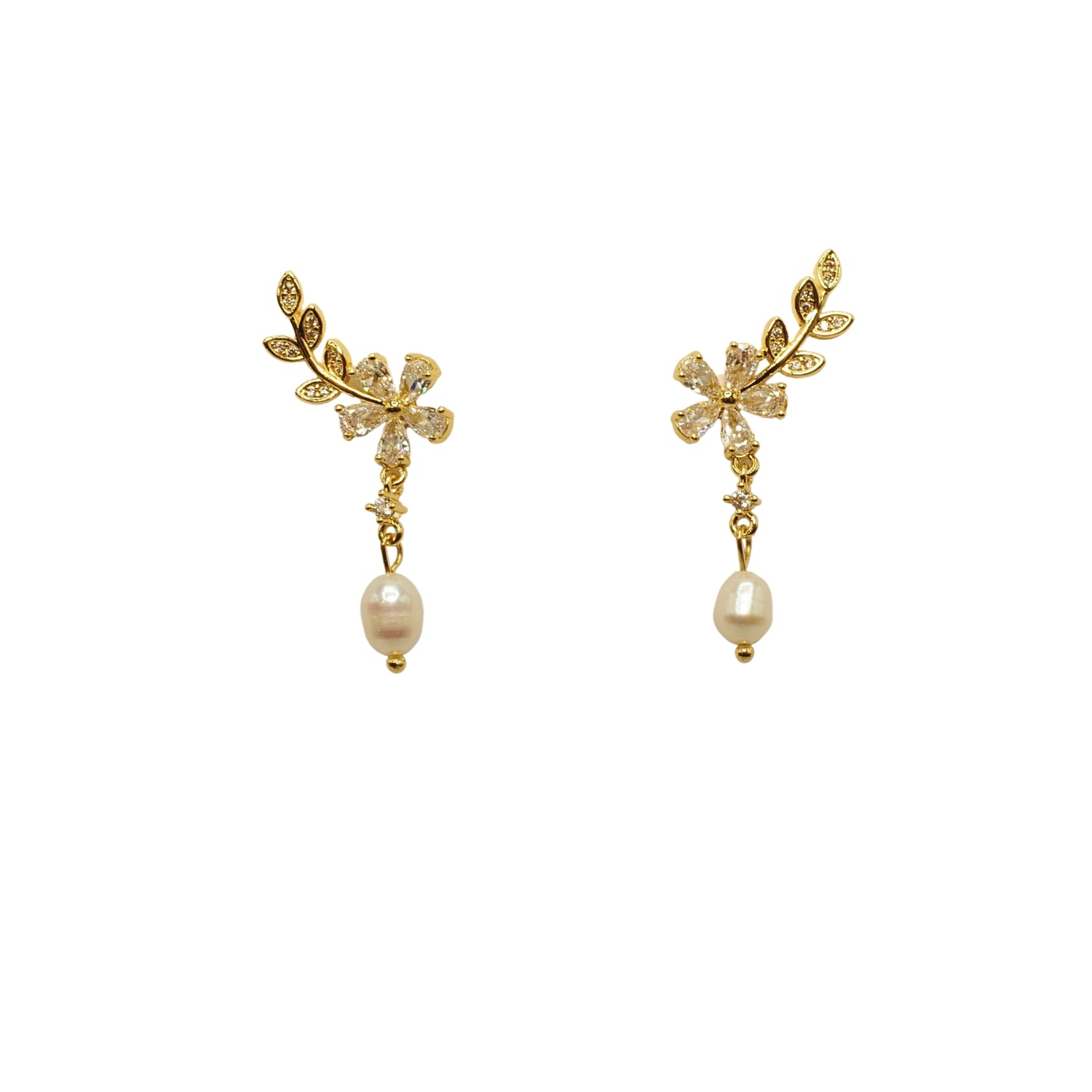 Gold Leaf Zirconia Pearl Pendant Earrings