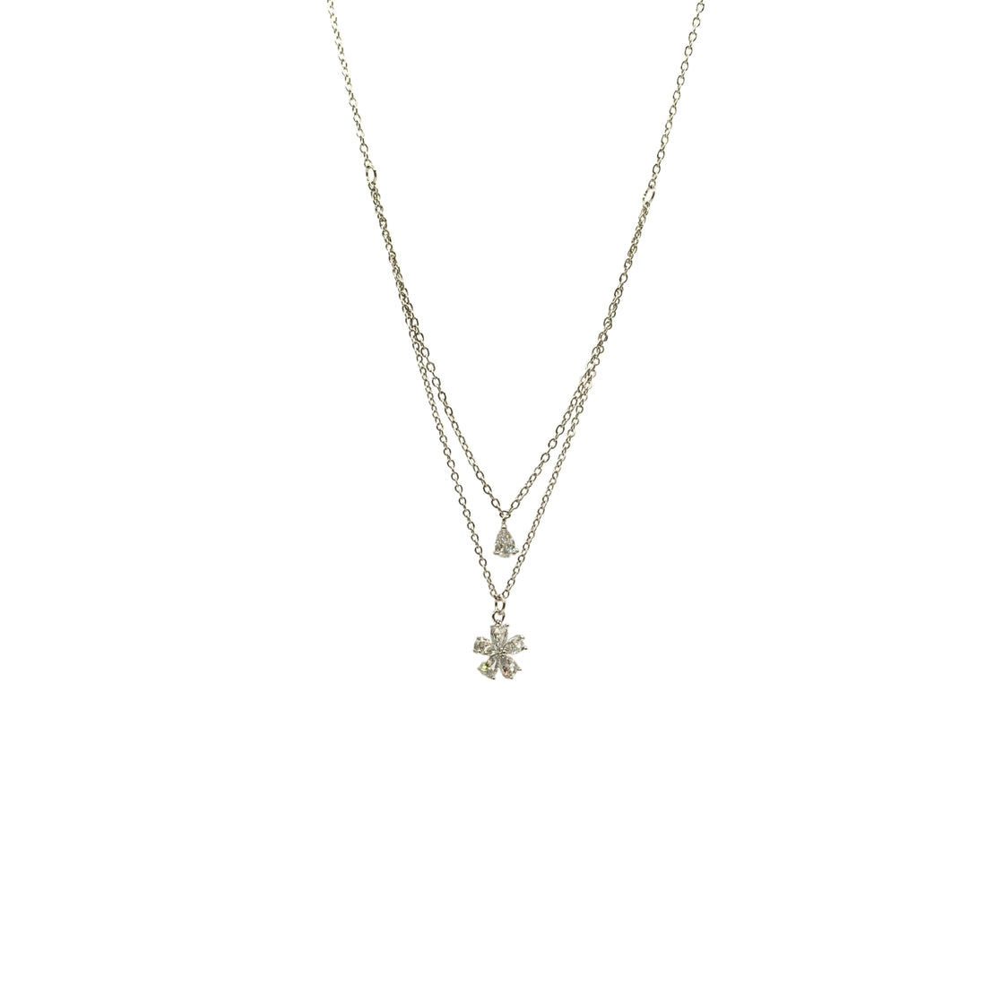 14K White Gold Plated Sterling Silver Flower and Dewdrop Double-Layer Necklace