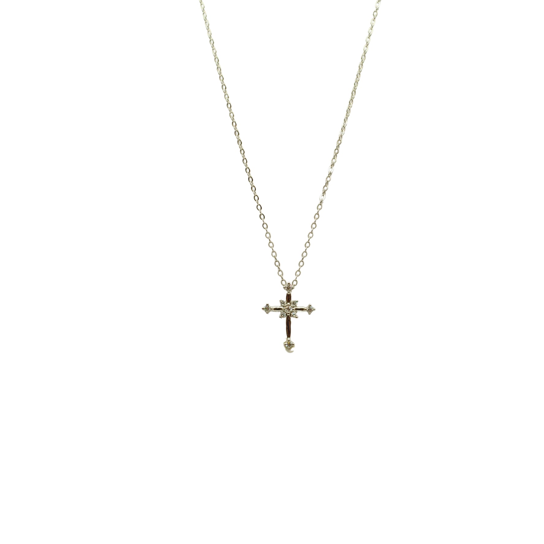 14K White Gold Plated Sterling Silver Cubic Zirconia Small Cross Necklace