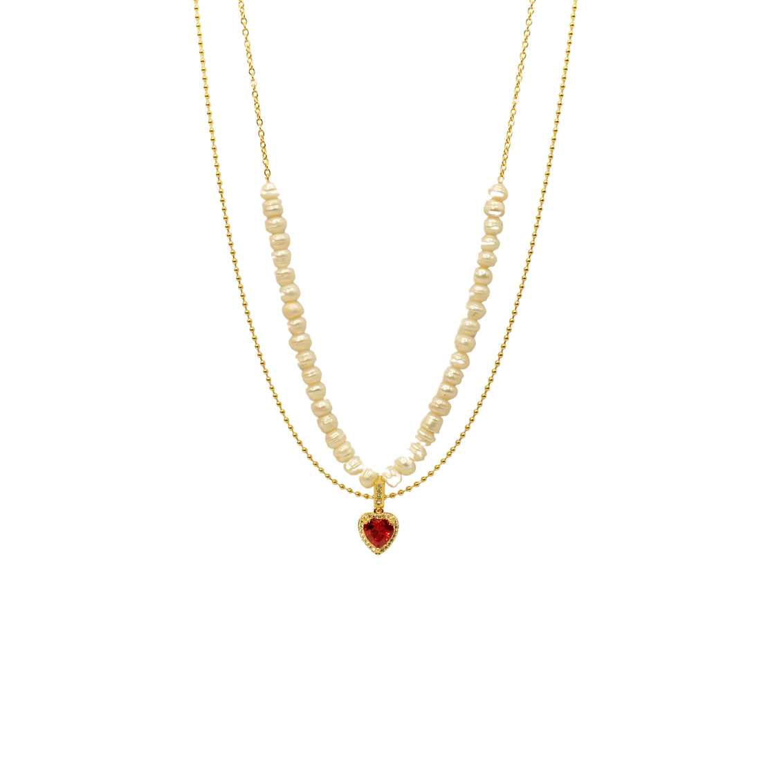 Pearls Red Peach Heart Double Layers Necklace