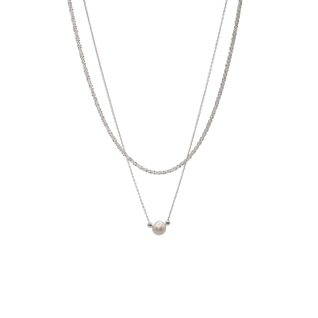 silver double-layered chain pearl necklace