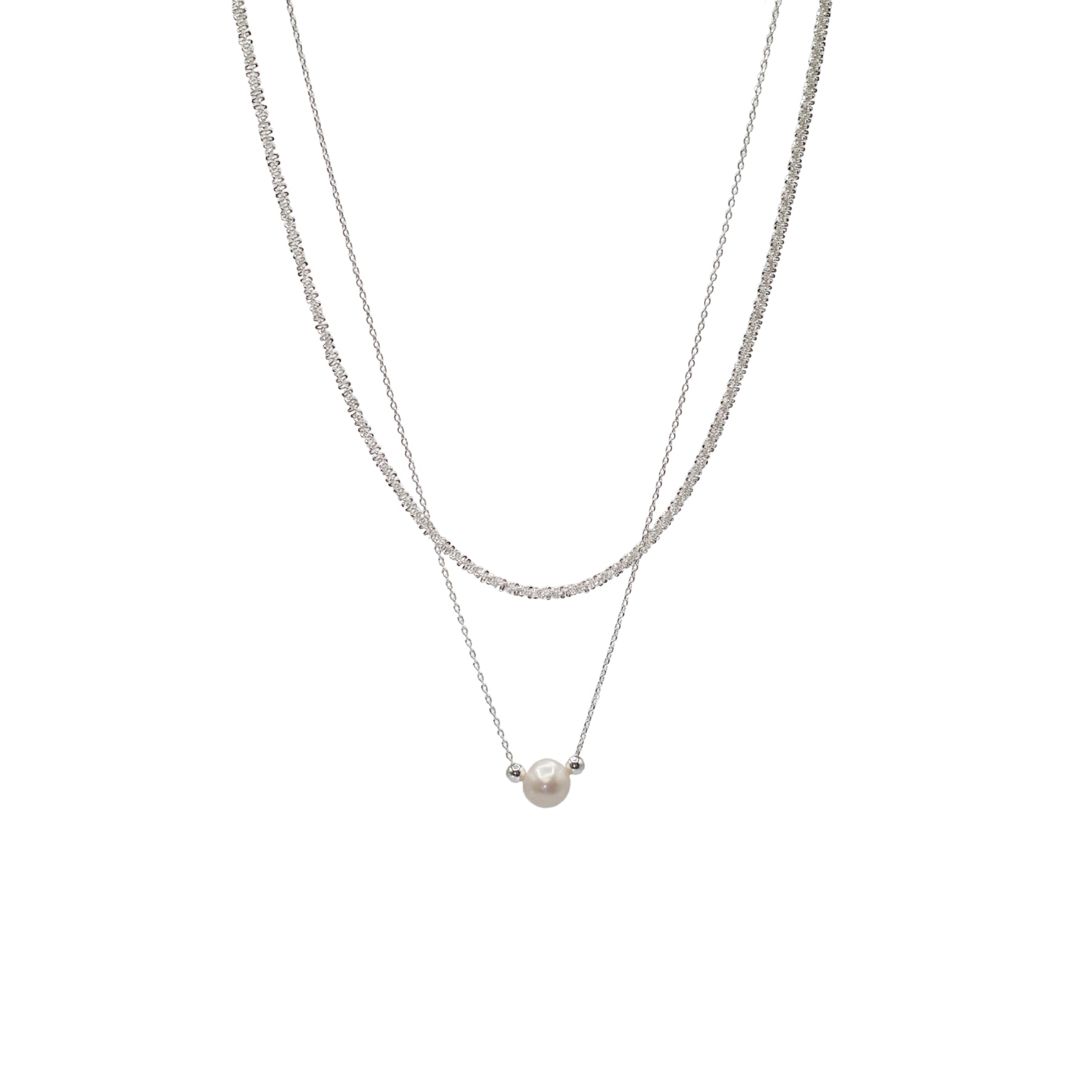 silver double-layered chain pearl necklace